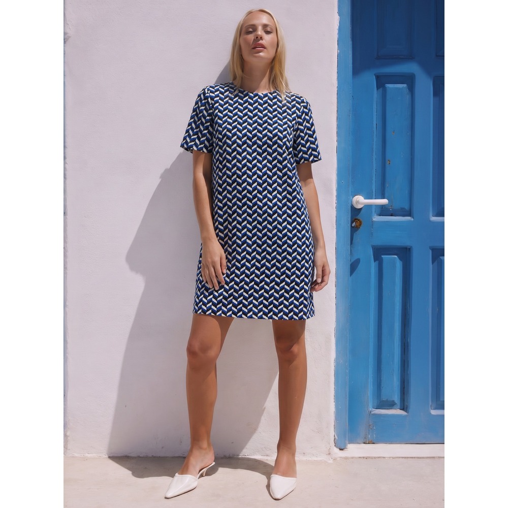 NWOT Zara Blue Black Ivory Geometric Print Short Length Back  Zip Shift Dress SM